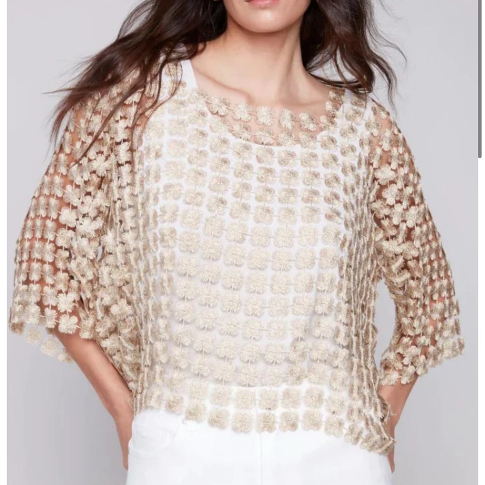 Ivory/Cream Sheer Flower Crochet-Like Top Never Worn - Picture 7 of 16